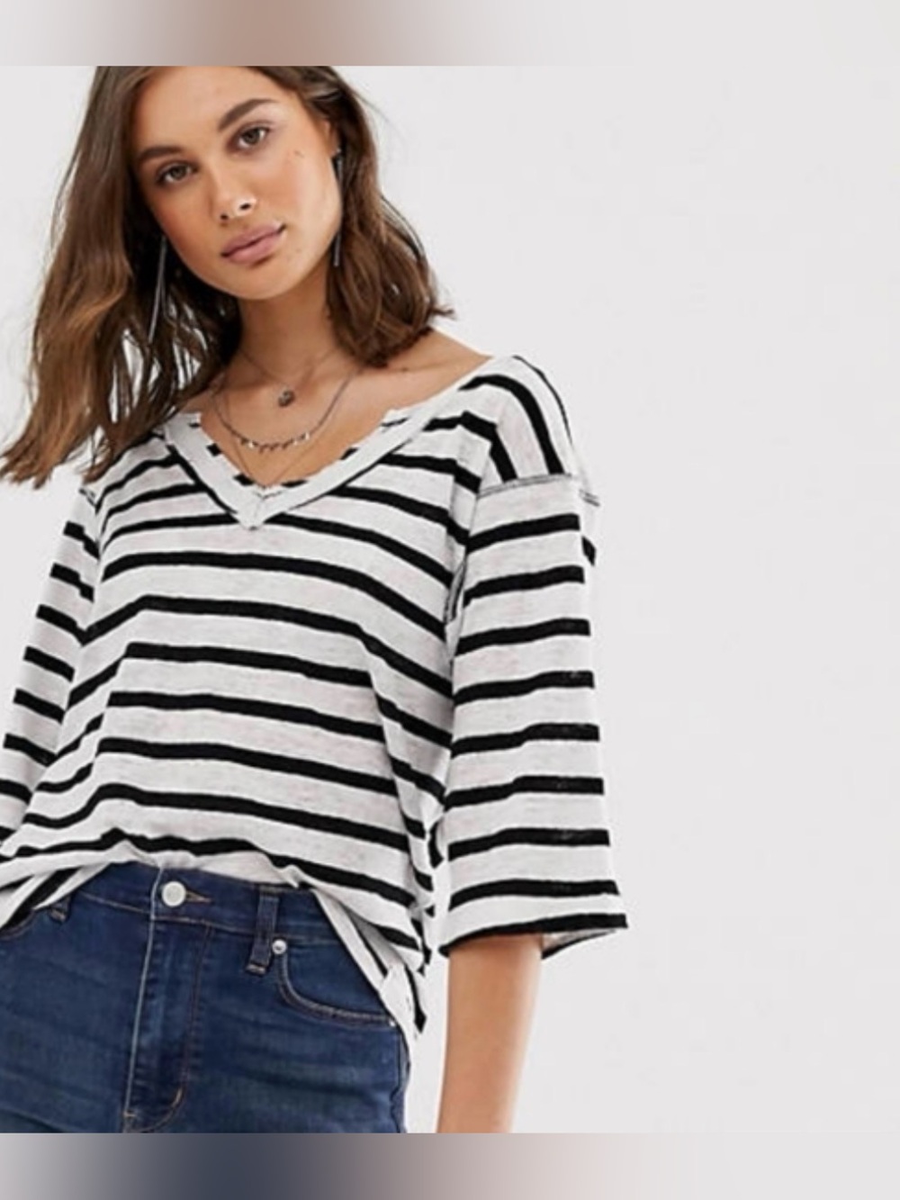 Free people We The Free Black & White Striped V-Neck Short Sleeve Tee